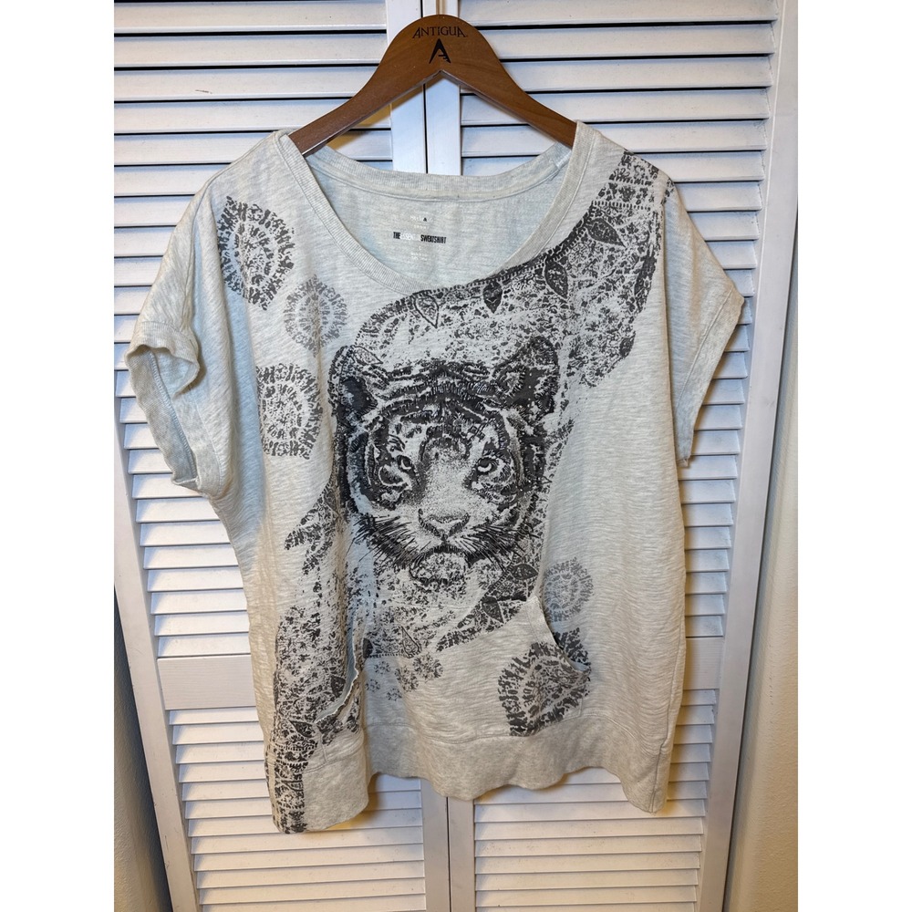 Style & Co Sport Gray Tiger Graphic Rhinestone Short Sleeve Sweatshirt Large